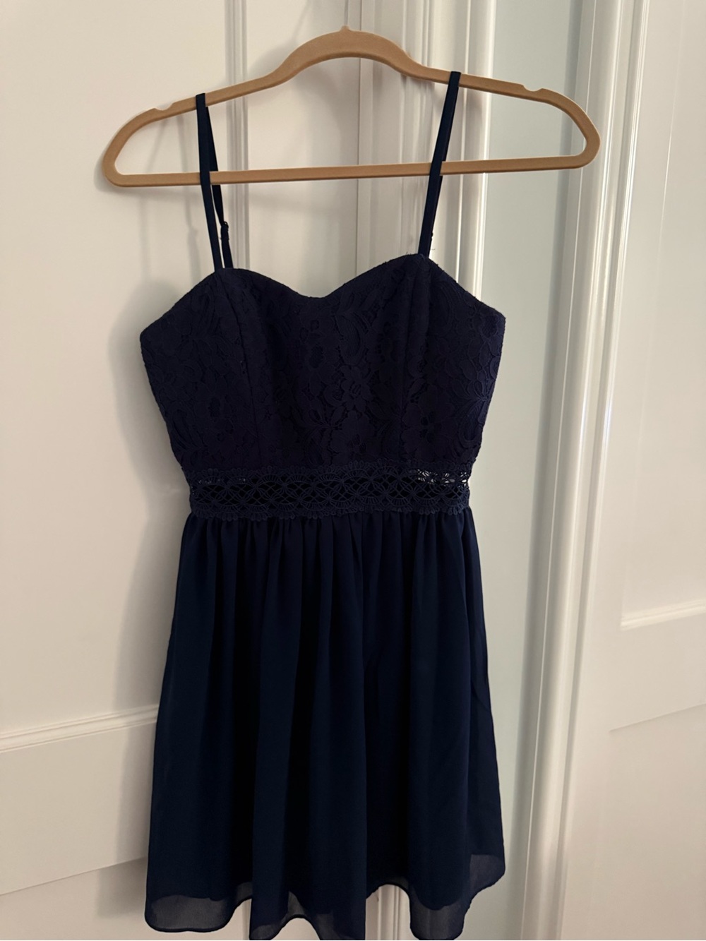 Lace-Bodice Navy Mini Dress with Spaghetti Straps